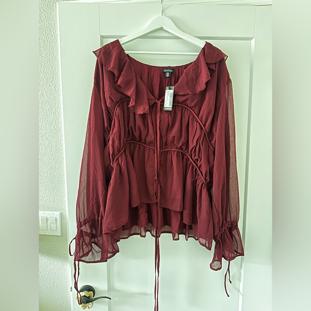 Boohoo Burgundy Ruffled Women's Top